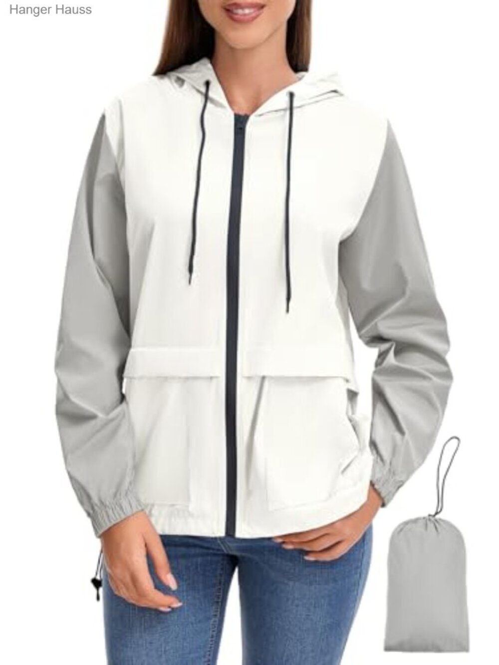 Lightweight Packable Rain Jacket with Hood, Windbreaker, Zip Front